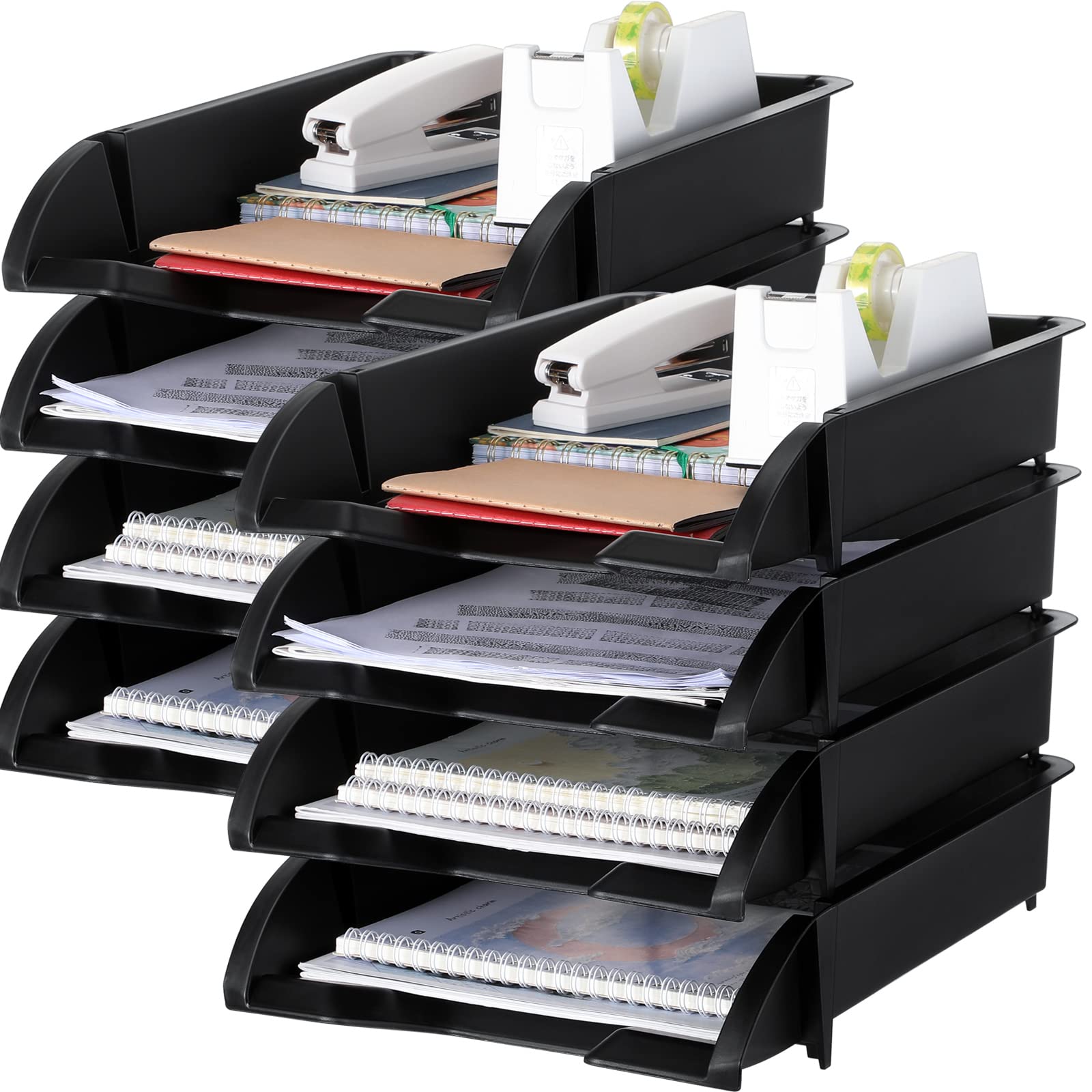 Photo 1 of Fainne 8 Pcs Stackable Paper Trays Organizer for Desk 8 Layer Stackable Letter Trays Plastic File Organizer Tray and Stacking Supports for File Storage, 13 x 10 x 2.76'' (Black)
