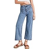 Astylish Womens Jeans Straight Leg High Waisted Stretchy Loose Denim Pants Casual Baggy Ankle Jean Trousers with Patch Pockets Size 6 Blue
