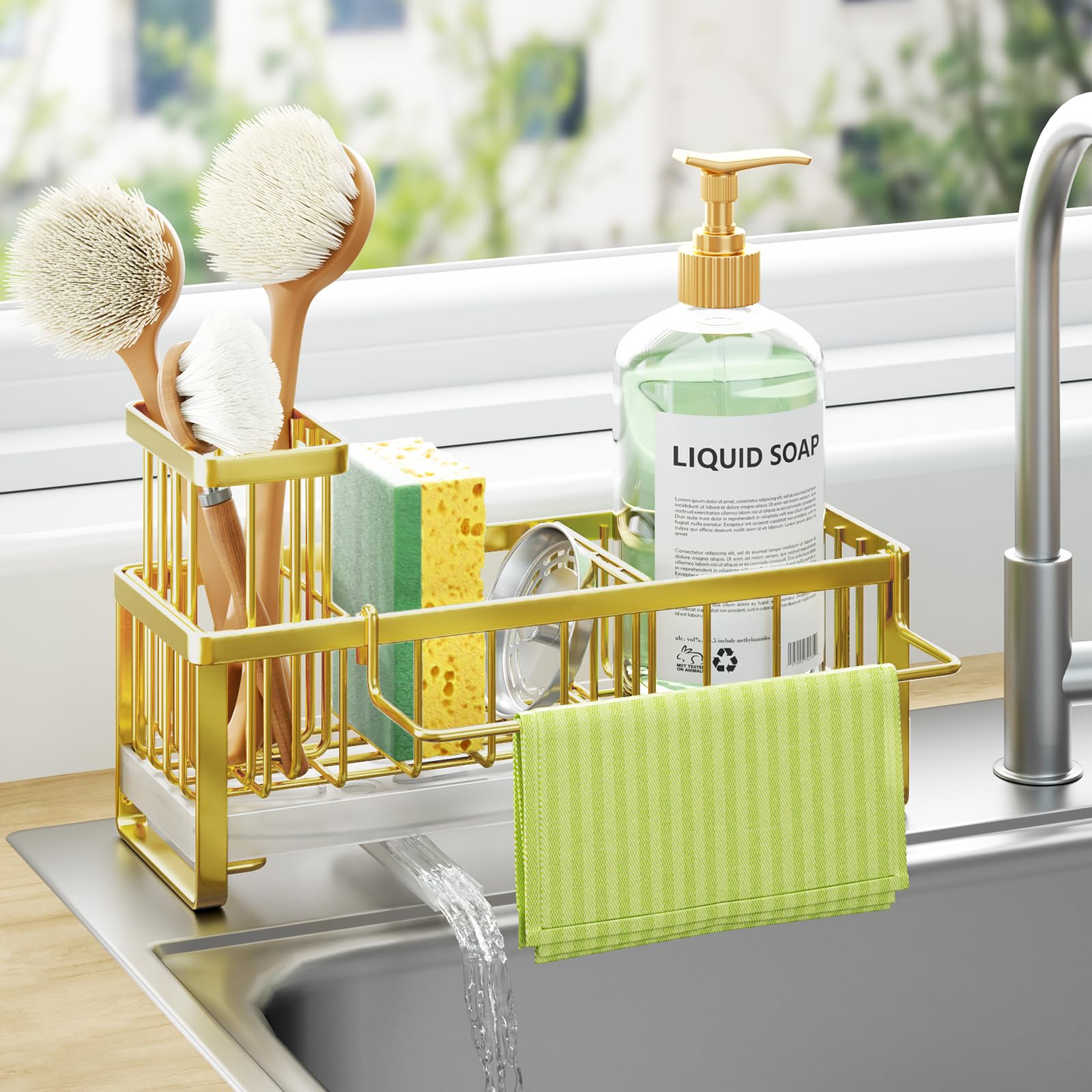 HapiRm Kitchen Sink Caddy - Self-draining Sponge Holder with Brush and Dishcloth Holder, Stainless Steel Sink Tidy Organiser for Countertop Kitchen Storage & Organisation