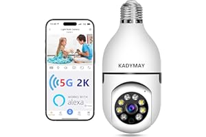 Kadymay Light Bulb Security Camera, 2K HD 5G/2.4GHz WiFi Dual-Band Screw in E27 Light Socket Security Camera Lightbulb, Wireless Light Bulb Camera 360° w/Motion Detection and Auto Tracking-Alexa
