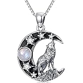 MILKYX Crescent Moon and Wolf Necklace, 925 Sterling Silver Natural Moonstone Pendant, Mystical Celestial Animal Jewelry Gift for Women