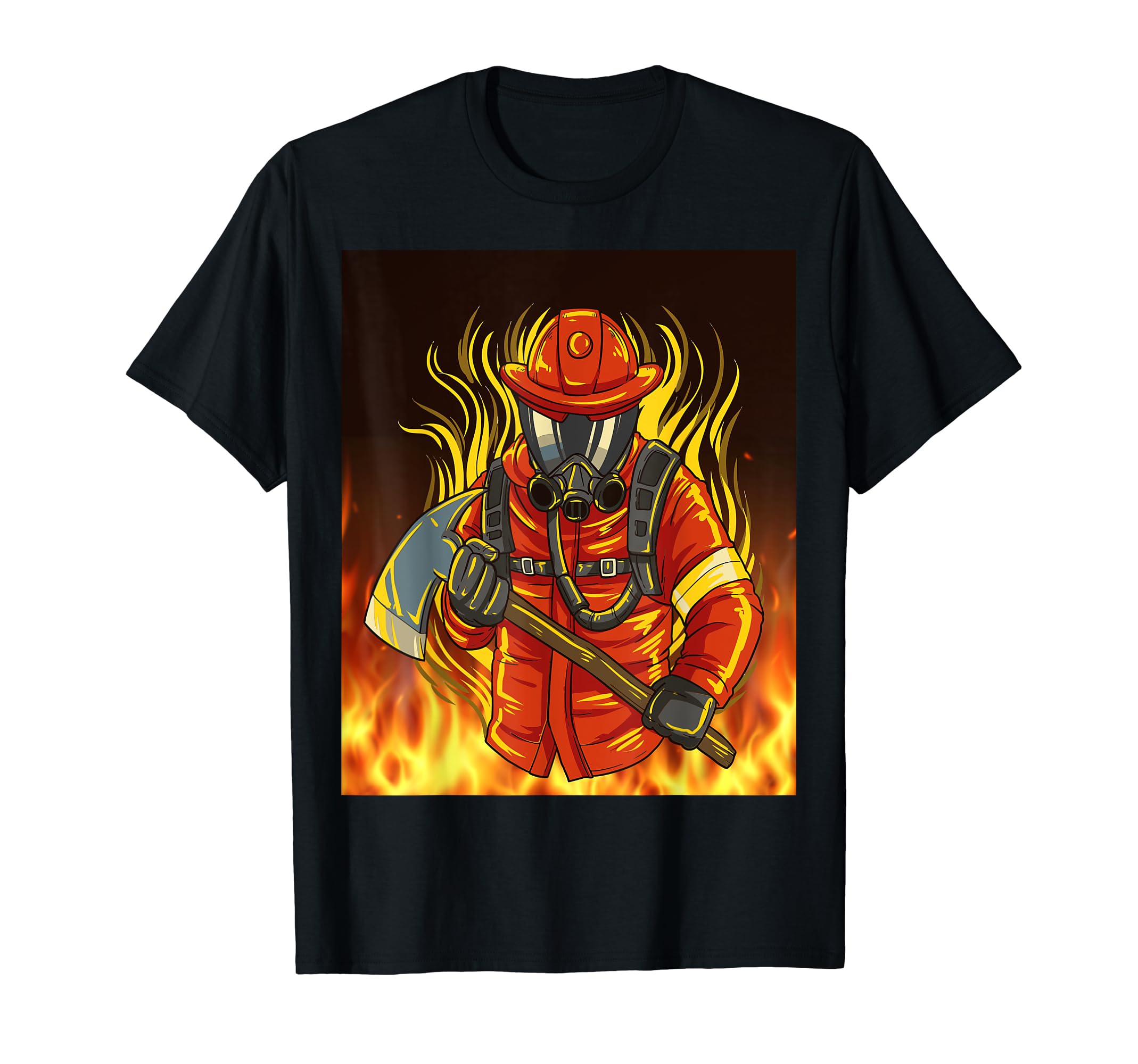Firefighter in the flames with his axe for rescue T-Shirt