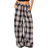 Women's Casual Gingham Pants Plaid Print Wide-Leg Trousers Elastic Wasit Pajama Bottom Lounge Pants Sleepwear