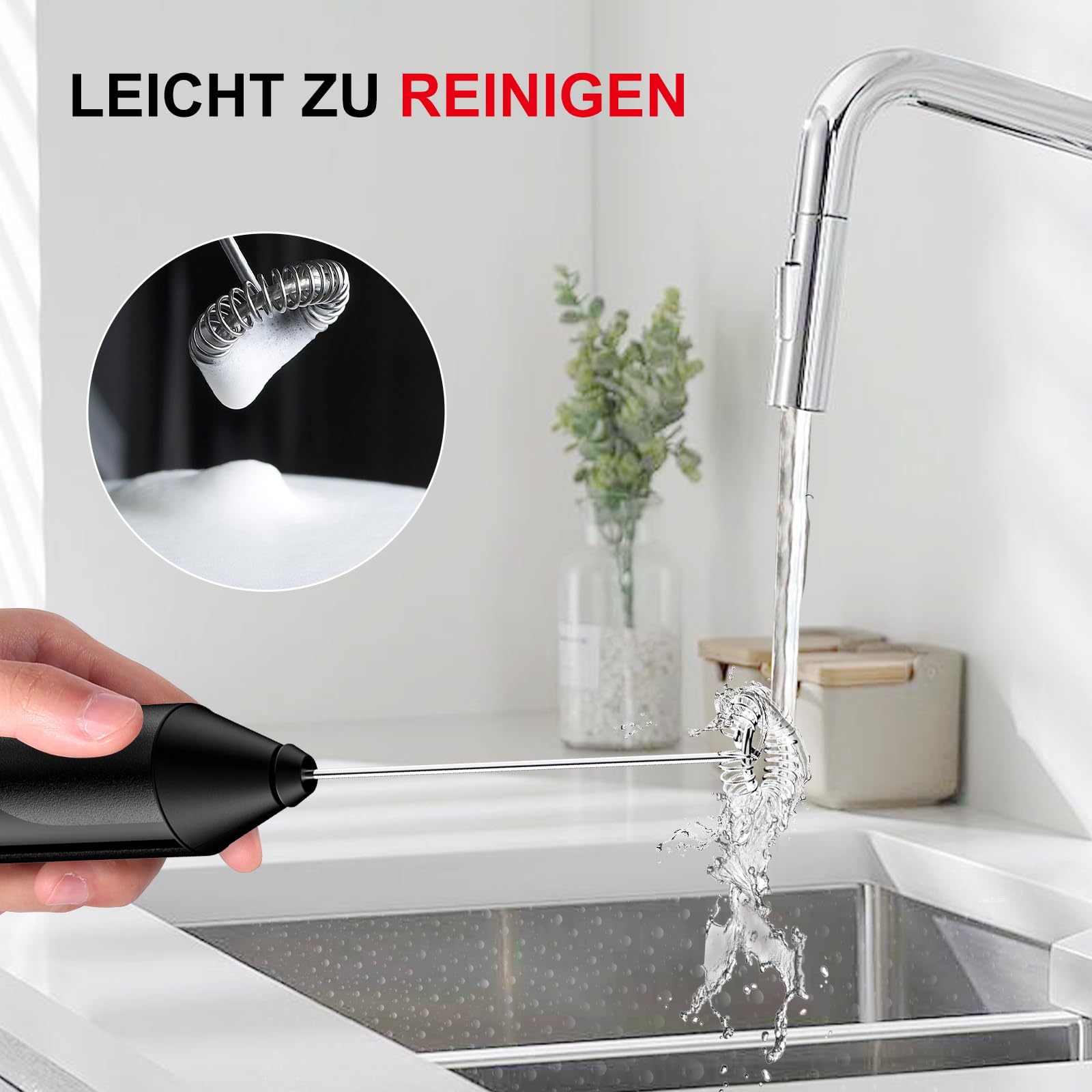 Bonsenkitchen Elektrische Milchaufschäumer, Handheld Milchschäumer Stab für Kaffee, Geschenkschaumbereiter für Kaffeeliebhaber, Latte Macchiato, Cappuccino, batteriebetrieben, Kaffeemixstab-Schwarz 5