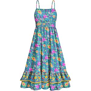 YESNO Summer Maxi Sundresses for Women Floral Long Dresses Spaghetti Straps Smocked Boho Beach Dress with Pockets EGS