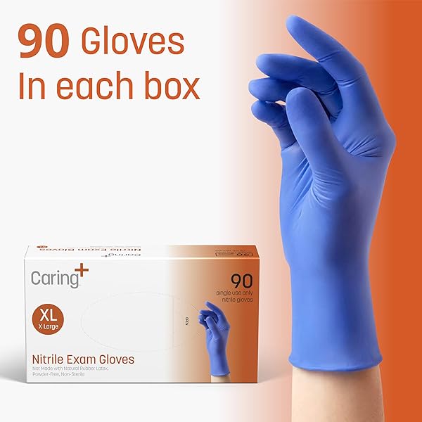 CARING NITRILE EXAM GLOVES (90CT), POWDER FREE AND NOT MADE WITH NATURAL RUBBER LATEX, GLOVES FOR MEDICAL USE, CLEANING, FOOD PREP AND MORE, X-LARGE