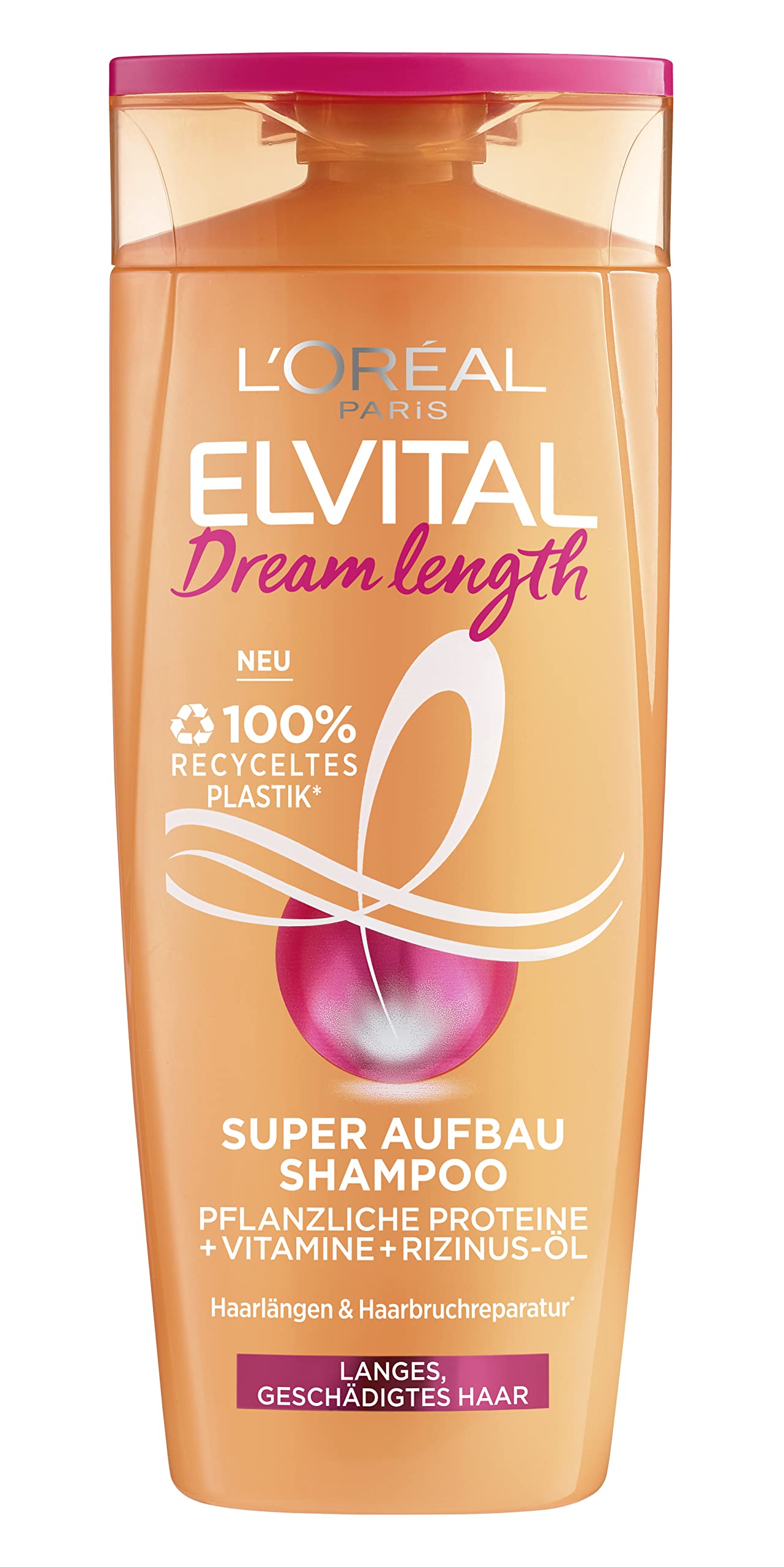L'Oréal Paris Elvital Anti-Split Ends Shampoo for Dreamingly Long Hair, with Castor Oil, Vitamins and Vegetable Proteins, Dream Length Super Building Hair Shampoo, 1 x 250 ml