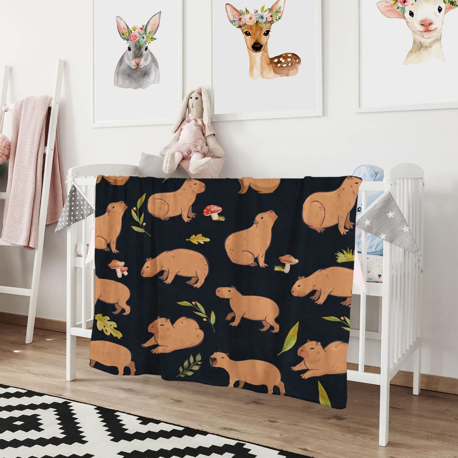 Capybara Blanket, Cute Blanket with Cartoon Orange Capybara Mushroom Pattern, Animal Print Throws Gifts Presents for Baby Girls Kids Animal Lovers, Fleece Throw Blanktet for Pets Baby - 100 × 76 CM — image 1