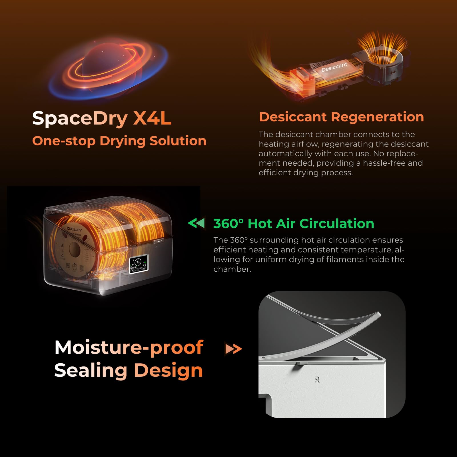 Creality Filament Trockner für 4 Spulen, SpacePi X4L, zwei unabhängige Heizkammern, Temperatur bis 75 °C, LCD Touchscreen, Filament Trockenbox für PLA PETG ABS TPU PA 2