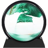 HEARTOOL Moving Sand Art Picture 7" Round Tempered Glass 3D Liquid Motion Deep Sea Flowing Sand Scene with Display Frame Perfect for Desktop & Home & Office & Work Decoration (Green)