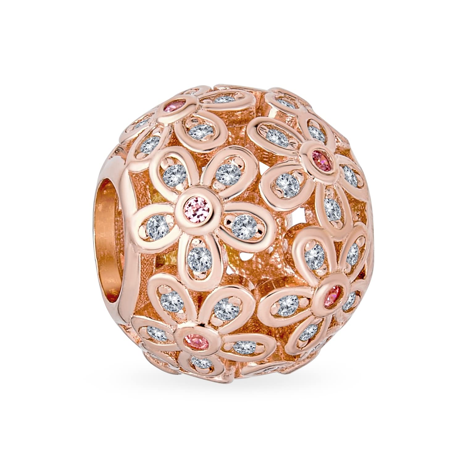 Bling Jewelry Round Clear Floral CZ Bouquet of Flowers Charm Bead For Women Mother Rose Gold Plated .925 Sterling Silver For European Bracelet