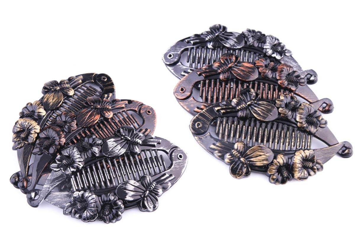 Fodattm 6 PCS Retro French Banana Hair Clip Hair Comb Plastic Hair Clincher Fish Shape Hairgrip Hair Claw for Women (Flower style)