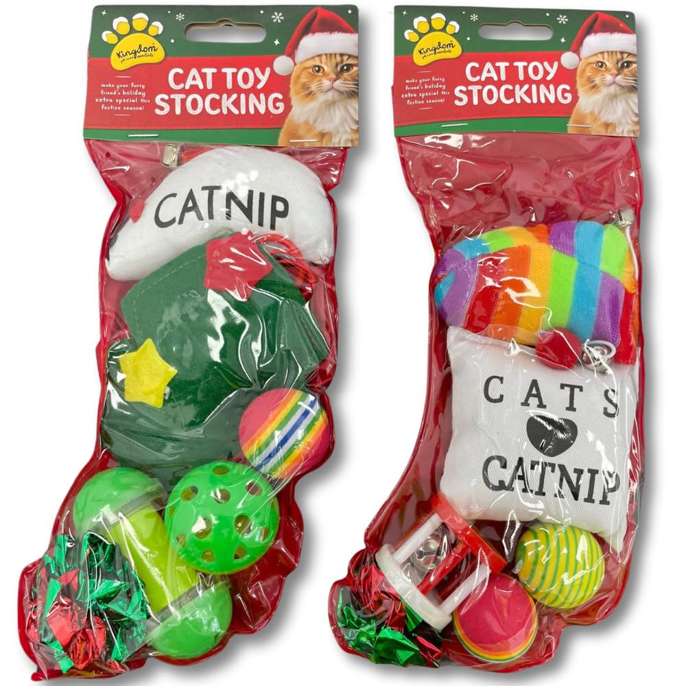 Funtasy Gifts 2 x Cat Toy Stockings - Festive Fun For Your Furry Friend. Balls, Mice, Bells - Everything your cat needs for Christmas