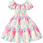 Toddler Baby Girls Summer Floral Dress Kids Puff Sleeve Square Neck Smocked Flowy Sun Dresses 2-8 Years
