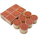 Fciqven 12Pcs Rubber Stamps Round and Square Decorative Wooden Stamps Set, Wood Stamps for Crafting, Letters, Scrapbooking and DIY Craft Card