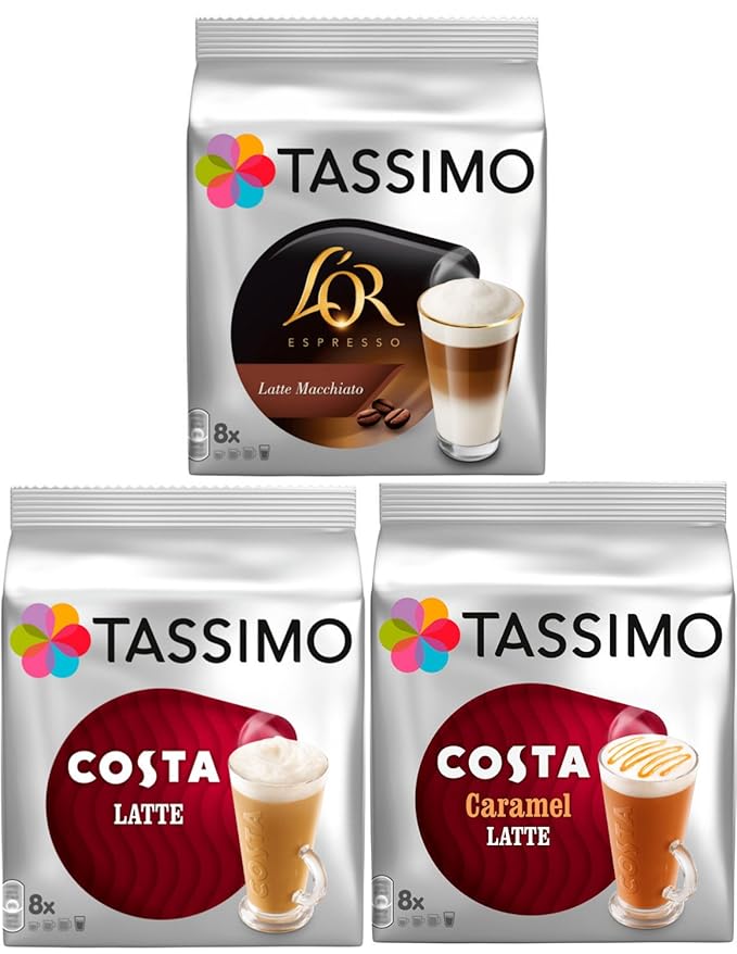 Tassimo 3 Latte Bundle Costa Latte + Costa Caramel + Lor Latte