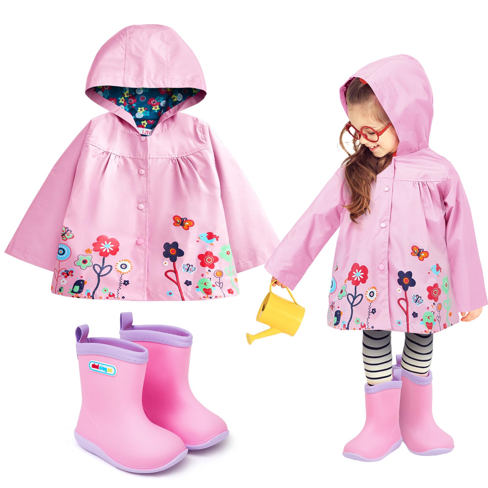 Photo 1 of Twistover 2 Pcs Toddler Raincoat Rain Boots Set Kids Baby Cartoon Hoodie Zipper Jacket Short Rain Shoes for Little Boys Girls(3 T,Pink Flower)