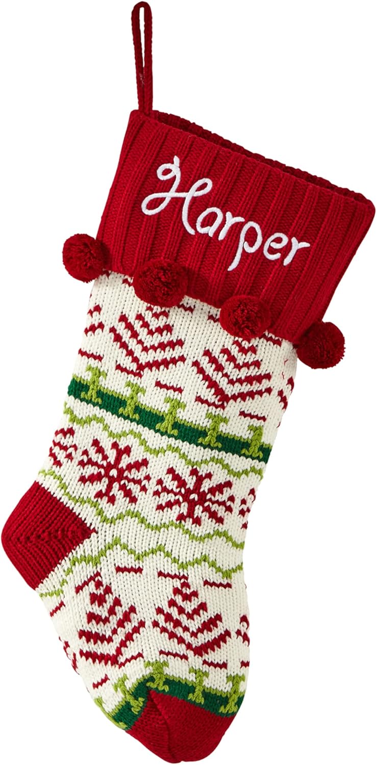 Stockings & Holders - Let's Make Memories Personalized Snowflake Knit Christmas Stocking - Snowflake Stocking - Holiday Decor – White & Red - Customize Name - 8.5