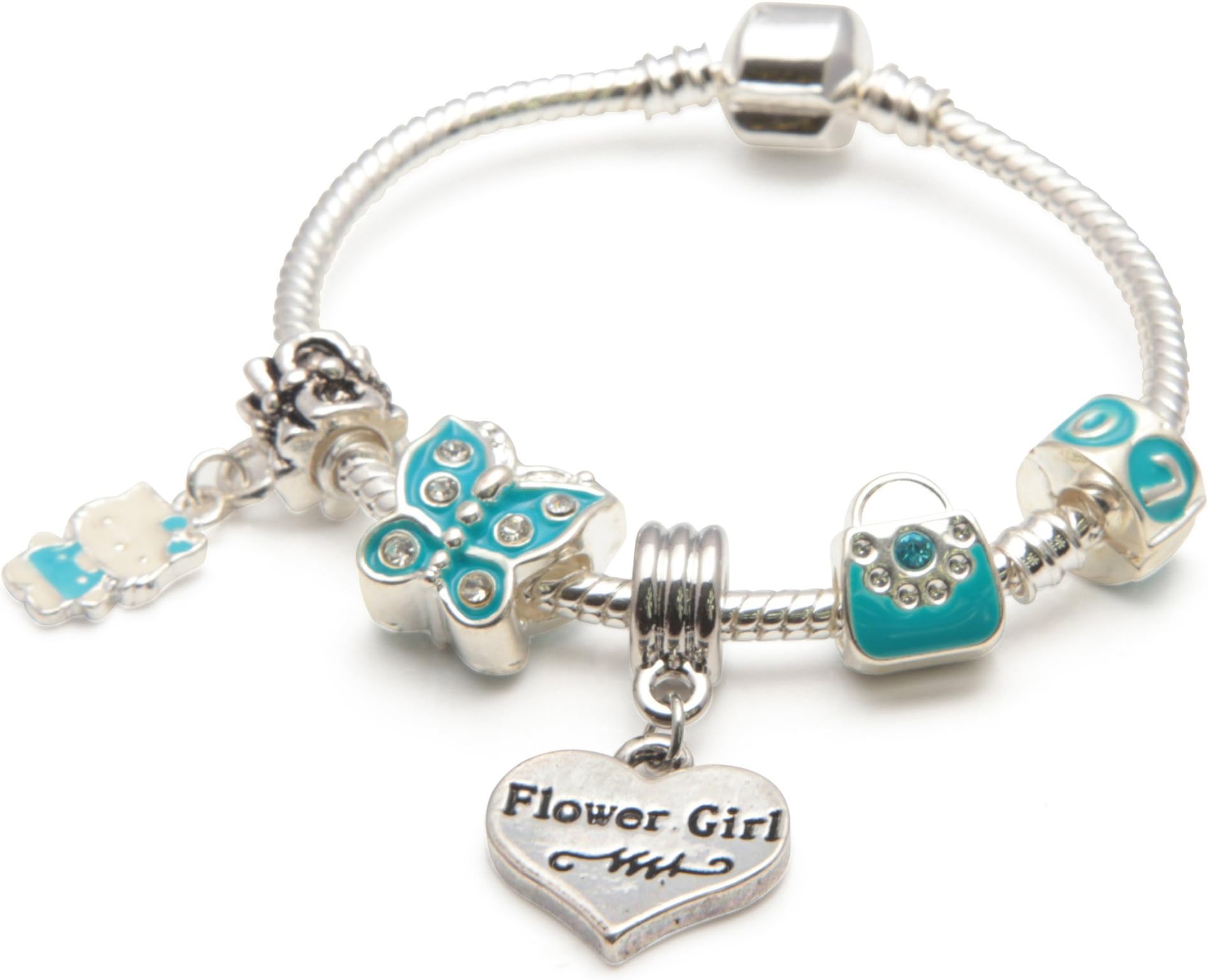 Liberty Charms Flower Girl Childrens 'Blue Butterfly' Silver Plated Charm/Bead Bracelet. With Gift Box & Velvet Pouch. Girls Wedding Thank You Gift/Present (Other sizes available)