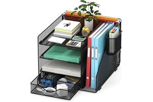 BOHDK Desk Organizer with Hanging File Holder, Paper Letter Tray Organizer with Drawer and Pen Holder, Mesh Desktop Organizer and Storage for Office Supplies(Black)