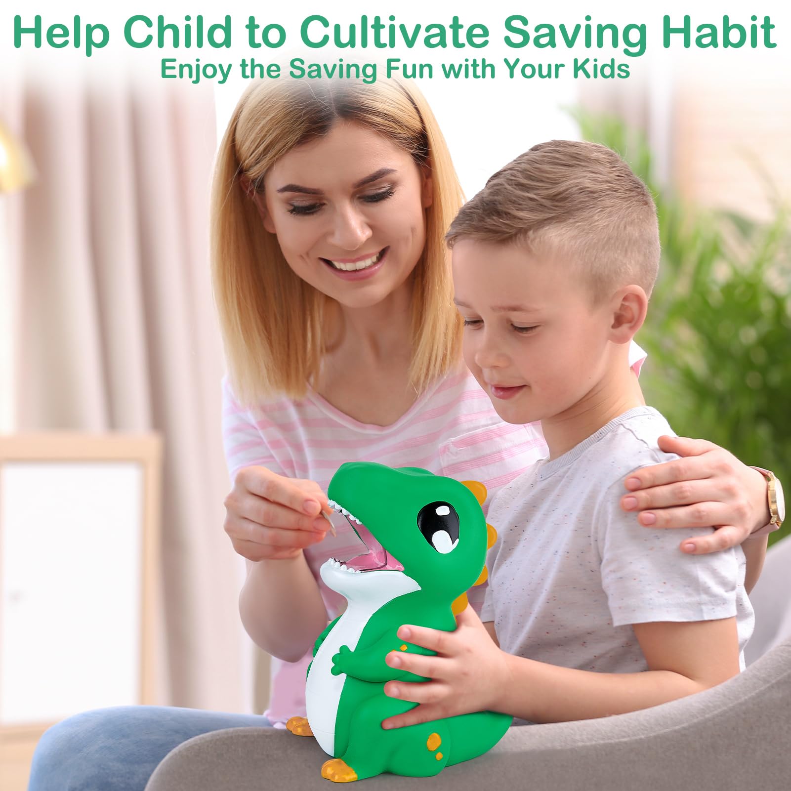 Dinosaur Piggy Bank for Kids Unbreakable Money Coin Bank for Boys Girls with DIY Stickers,Toddler Gifts for Birthday,Easter,Baby Shower,Green