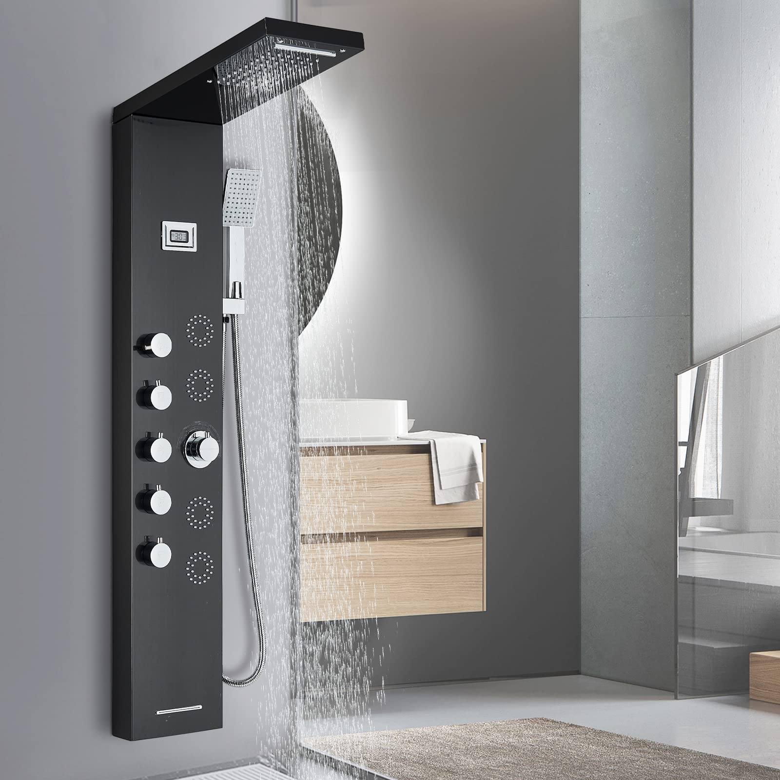Columna-Ducha-Hidromasaje-Acero-Inoxidable-Negra-Duchas-De-BanO-Set-De-Ducha-Pantalla-De-Control-De-Temperatura-Led Columna-Ducha-Hidromasaje-Acero-Inoxidable-Negra-Duchas-De-BanO-Set-De-Ducha-Pantalla-De-Control-De-Temperatura-Led