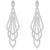 AOLIMI Silver Rhinestone Rectangle Dangle Earrings for Women Cubic Zirconia Crystal Dangle Earrings Long Chandelier Earrings Multi Layer Tassel Earrings Wedding Bridal Jewelry