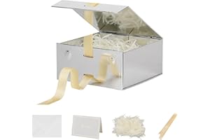 BoxSkivra Silver Gift Box with Ribbon 1 Pack 6X6X3 Inch Small Gift Box with Lid Magnetic Closure Rectangle Collapsible Luxury Gift Box for Wedding Gifts、Shredded Paper Filler & Card