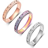 LuckyAmor Fidget Anxiety Ring for Women-3Pcs 4MM Rainbow Rose Gold Silver Moon Star Hollow Stainless Steel Spinner Rings for Anxiety Stress Relief Gift for Women party birthday size 6-10