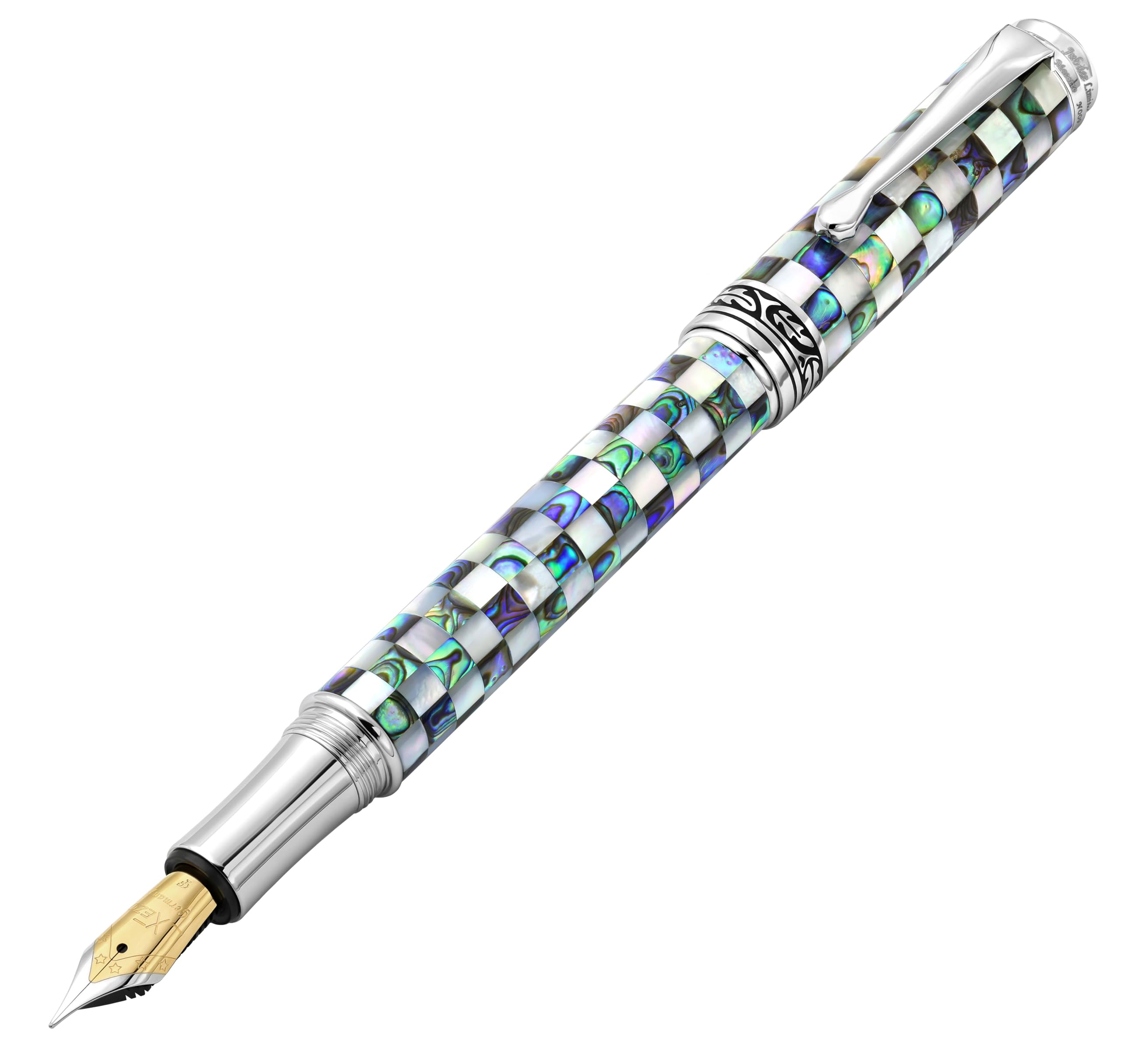 Xezo Maestro Jubilee Fountain Pen, Fine/Extra Fine Nib. Checkered Oceanic White Mother of Pearl and Iridescent Pāua Abalone Shell. Limited Edition, Only 223 Pieces Made. No Two Pens Alike