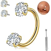 ONEISNG 16/18/20G Horseshoe Nose Ring G23 Titanium Internally Threaded Nose Ring For Women Men Double Cubic Zirconia Half Nose Hoop Rings Horse Shoe Daith Tragus Earring Lip Septum Rings Helix Piercing Jewelry 8mm/10mm