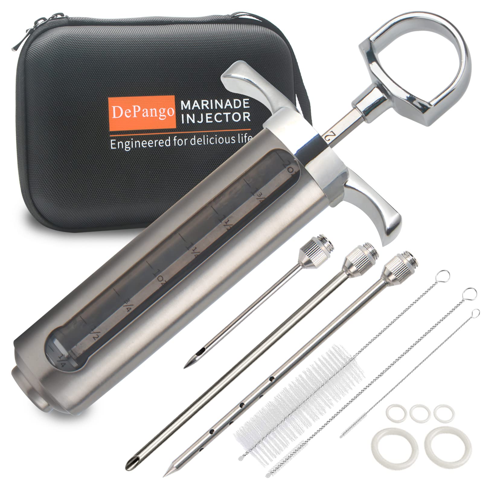 DePango Meat Injector, Stainless Steel Marinade Injector Flavor Syringe Kit with 2-oz Measurement Window for Smoker BBQ Grill, Cooking Turkey Chicken Steak Beef Brisket Pork-Chops, 3 Needles, Silver