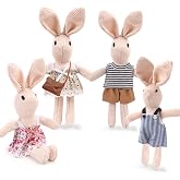 HAPGFS Handmade Rabbit Family Dolls Set of 4 with Removable Outfits &amp; Bag, Realistic Dollhouse People Figures for Imaginative Play, Kids Room Decoration, Easter Bunny