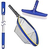 Poolvio Swimming Pool Cleaning Kit, 14'' Brush Head & 50'' Telescopic Aluminum Pole with Fine Mesh Skimmer Net - Perfect for Above Ground Pools, Spas, Hot Tub Fountains Blue (PK0140)