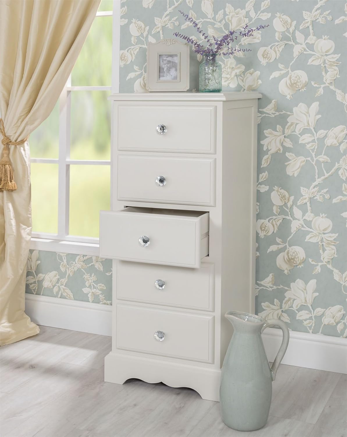 Romance True White 5 Drawer Narrow Chest Of Drawer French White
