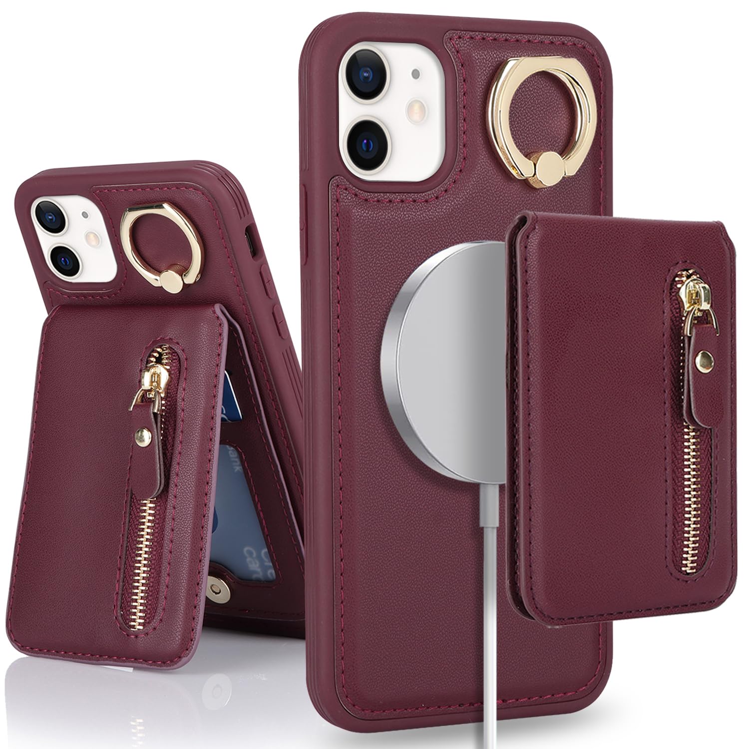 SailorTech iPhone 12/12 Pro Phone Leather Case with Credit Card Holder Magsafe, iPhone 12/12 Pro Case Ring Stand with Kickstand Card Slots Wallet Detachable 2-in-1 Zipper Case - Burgundy — image 1