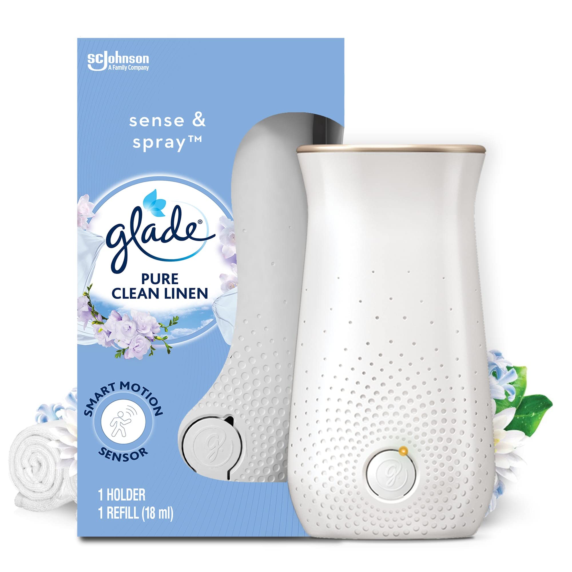 Glade Sense & Spray Air Freshener Holder and Refills, Motion Activated Automatic Odour Eliminator for Home, Clean Linen, Pack of 4 Starter Kits, (4 x Holder and 4 x 10 ml Refill)