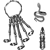 Taichell Skeleton Hand Bracelet Halloween Jewelry Decoration Skull Skeleton Hands with Snake Full Finger Rings for Women Men Punk Goth Bracelets Rings Jewelry Halloween Cosplay