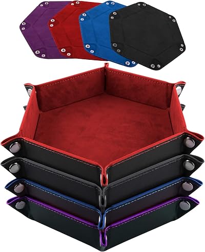 SIQUK 4 Pieces Dice Tray Hexagon Folding PU Leather Velvet RPG DND