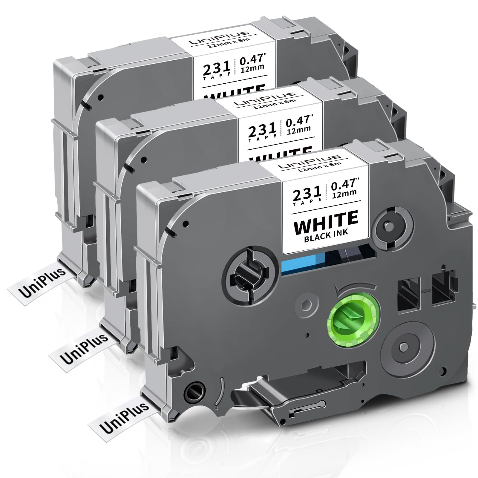 UniPlus 3X Compatible Brother Tze Label Tape Replacement for Ptouch TZe-231 TZe231 Tzc231 TZe TZ 12mm Laminated Black on White Label Maker Tape Cassette for PT-H105 H107 H100R H110 1000 1005 1010 — image 1