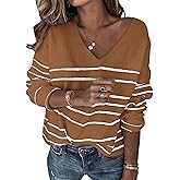 Libsorge Women's Oversized V Neck Cute Striped Sweaters Fall 2025 Lightweight Cozy Ribbed Knit Long Sleeve Pullover Sweater