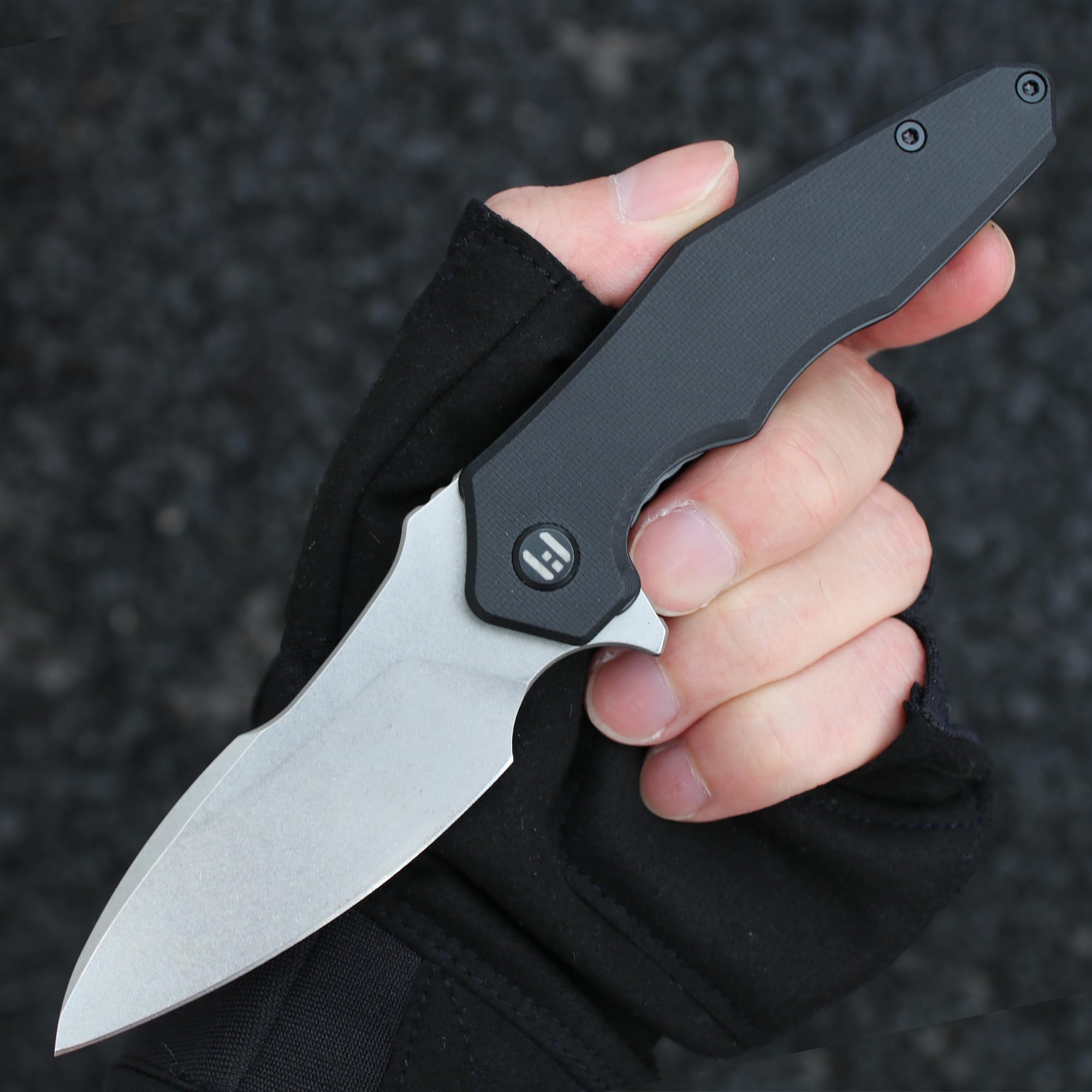 Hightron MINI VENTURA Taschenmesser für Herren, Flipper-Klappmesser mit 7.24CM Scharfer Stonewashed-Klinge aus D2-Stahl & G10-Griff, Kleines Taschenmesser mit Taschenclip für den Außenbereich, Schwarz 6