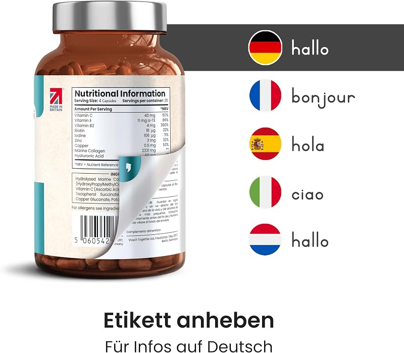 Kollagen Kapseln Hochdosiert 2450 mg | Hydrolysiertes Meeres Collagen Peptide | Hyaluron Kollagen-Präparate mit Vitamin C, E, B2 und Zink | Gelenke Haut Haare | 120 Collagen Kapseln | VitaBright