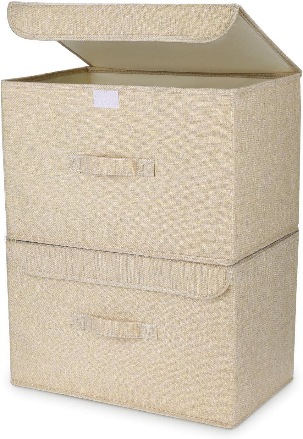 Homsorout Collapsible Storage Box with Lid, Pack of 2, Wardrobe Organiser Boxes with Handle Large Linen Fabric Baskets for Shelves, Bedroom, Office, Clothes, Beige Yellow