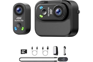 Action Camera 4K, Mini Body Camera with 64GB SD Card, Portable POV Camera for Vlogging, 150° Wide Angle WiFi Thumb Cameras wi