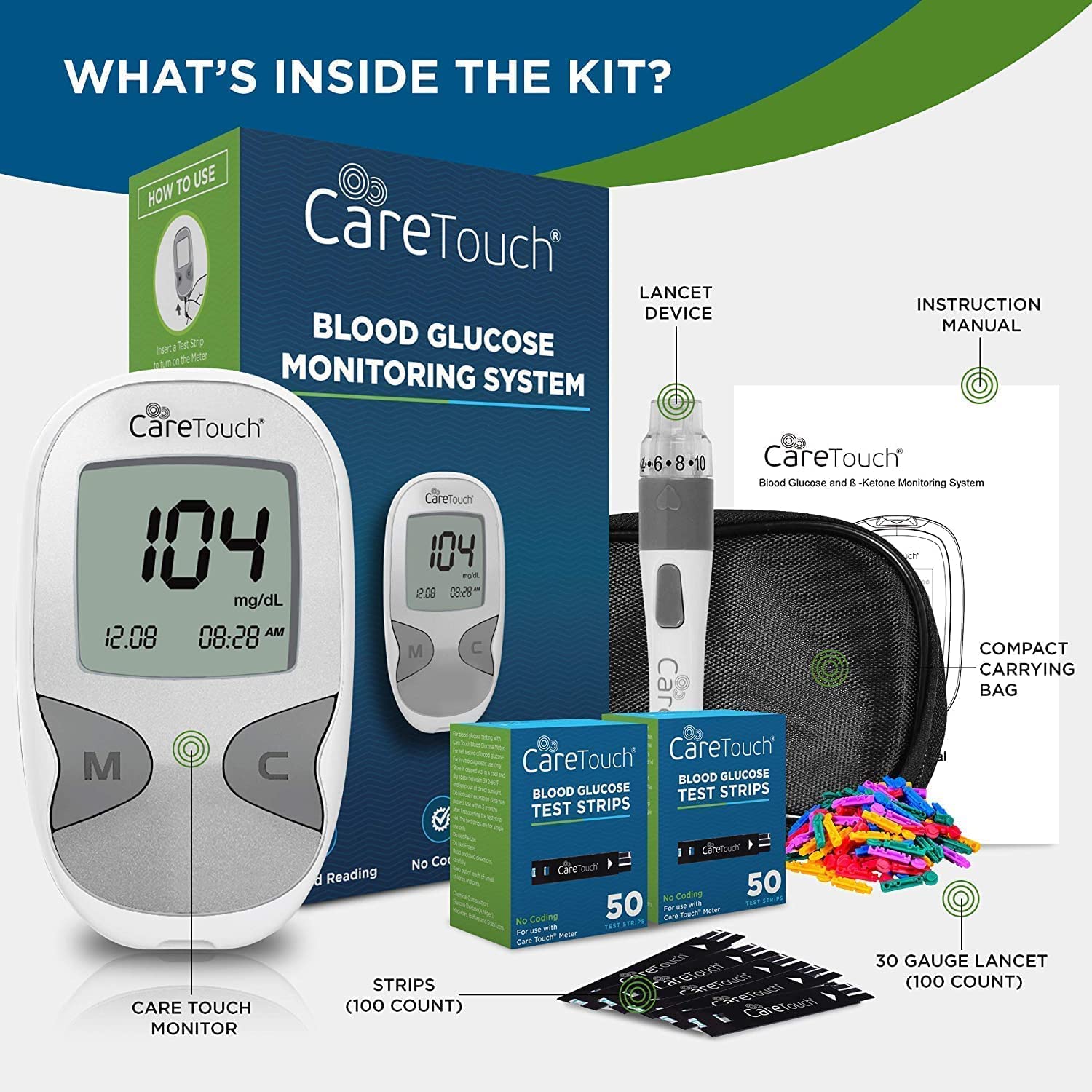 Care Touch Blood Glucose Monitor Kit-Diabetes Testing Kit w/1 Glucometer 100 Caretouch Blood Glucose Test Strips 1 Lancing Device 100 Lancets & Travel Case-Blood Glucose Monitors, Blood Sugar Test Kit