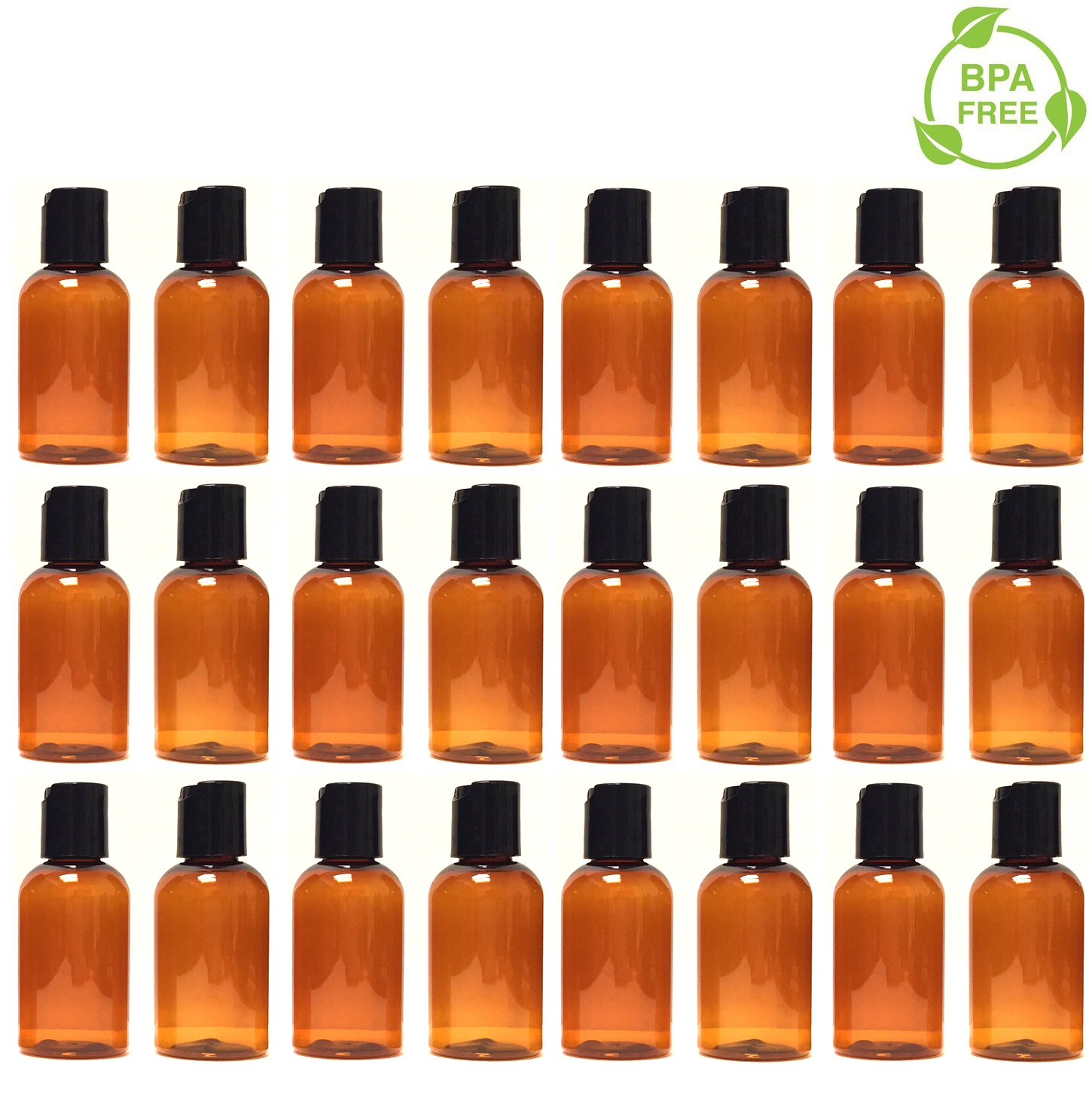 Amber 1 oz Boston Round PET (BPA Free) Bottles with Black Disc Cap Dispenser (24