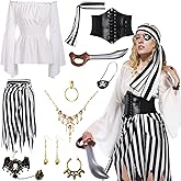 Blosssound 11 Pcs Halloween Costume Accessories - Women's Renaissance Blouse, Belt, Pirate Skirt, Headscarf, Skeleton Necklace, Earrings for Halloween Outfit Cosplay Party