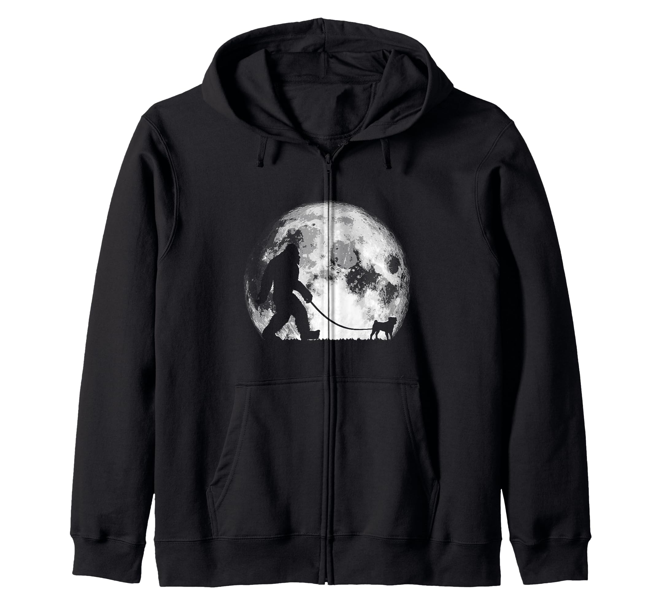 Bigfoot & Pug Funny Night Time Dog Walking Graphic Zip Hoodie
