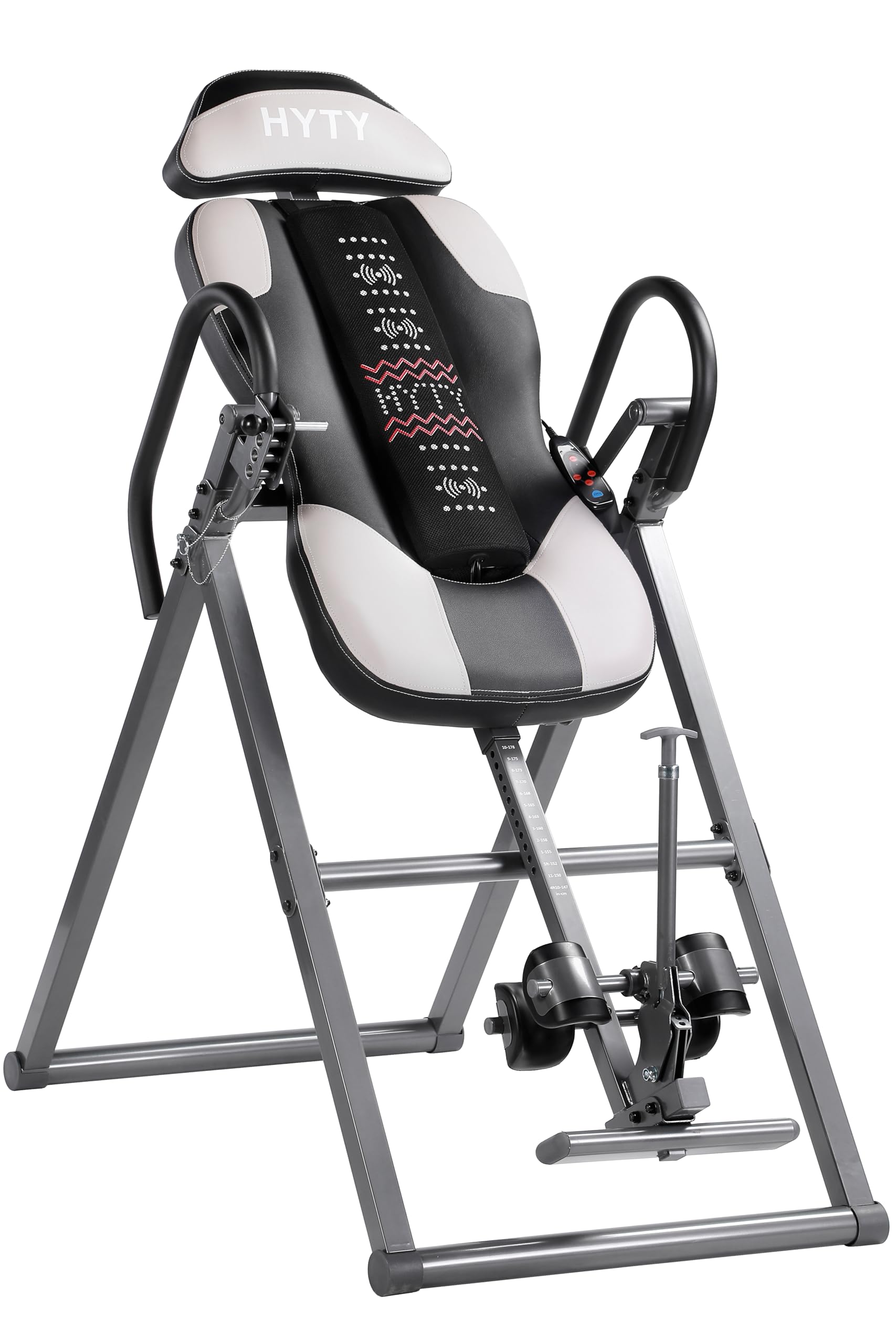 Photo 1 of HYTY Health and Fitness IT200 Advanced Heat and Massage Inversion Table, Gray/Black, Folding Heavy Duty Inversion Table with Adjustable Headrest & Comfortable Ankle Holders, 300 Lbs